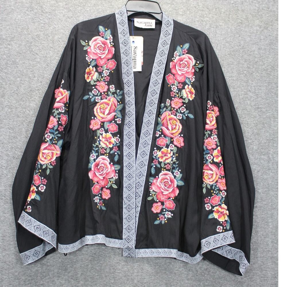 Savanna Jane kimono floral embroidered cardigan Black Size 1X NEW
